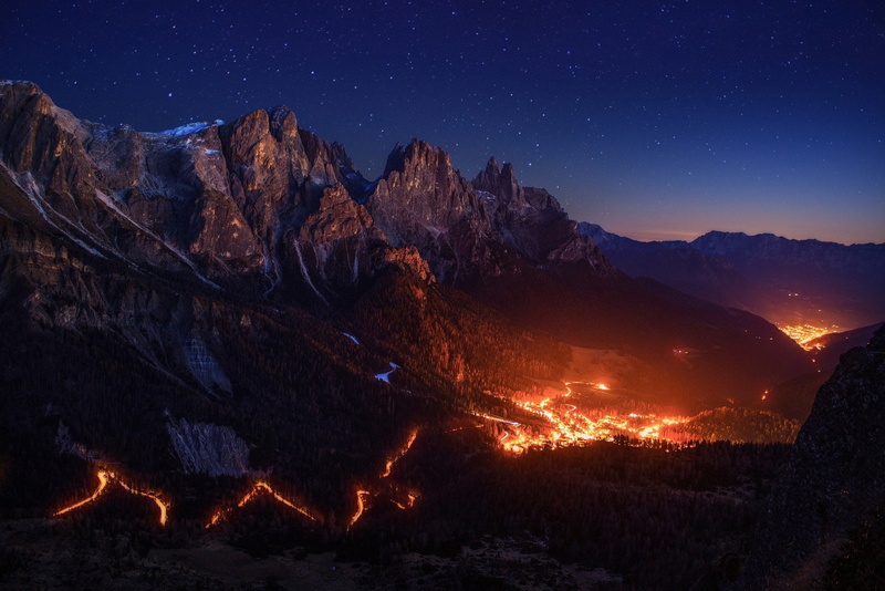 Alps, mountains, fire, sky, Valley, stars, Lights, night, 1080P