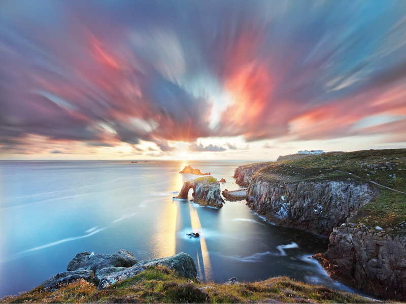 rays, skies, sun, sunset, beach, lapse, light, photography, arch, rocks, summer, night, 1080P, time, July, south, South West England, england, Cornwall