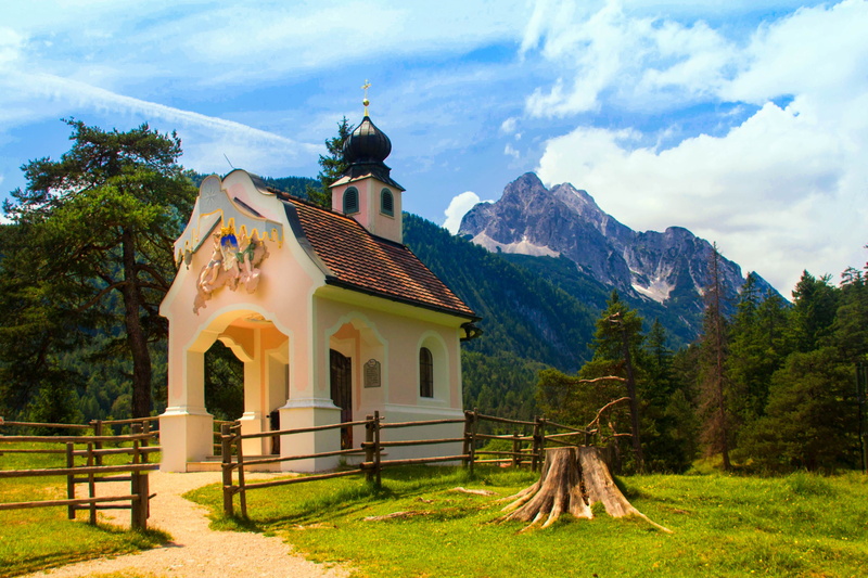 karwendel, mountain meadow, outdoors, building, grass, nature, spirituality, built structure, mountain chapel, Mittenwald, religion, building exterior
