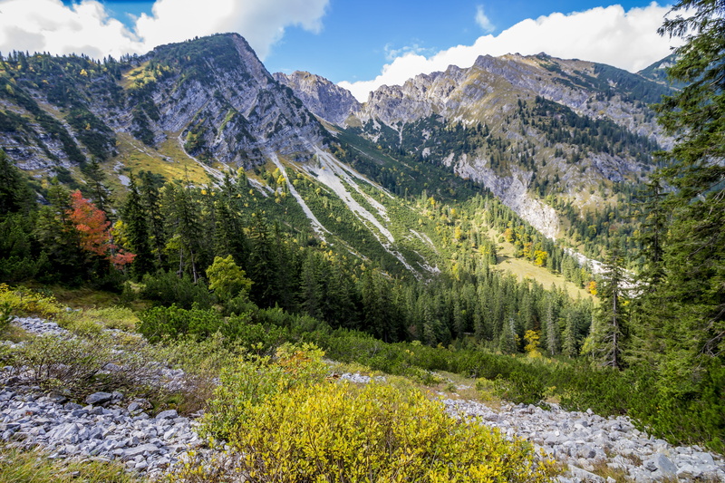 mountain, autumn, growth, alpine, tranquil scene, idyllic, beauty in nature, clouds, hiking, nature, snowcapped mountain, sky, coniferous tree, plant, travel