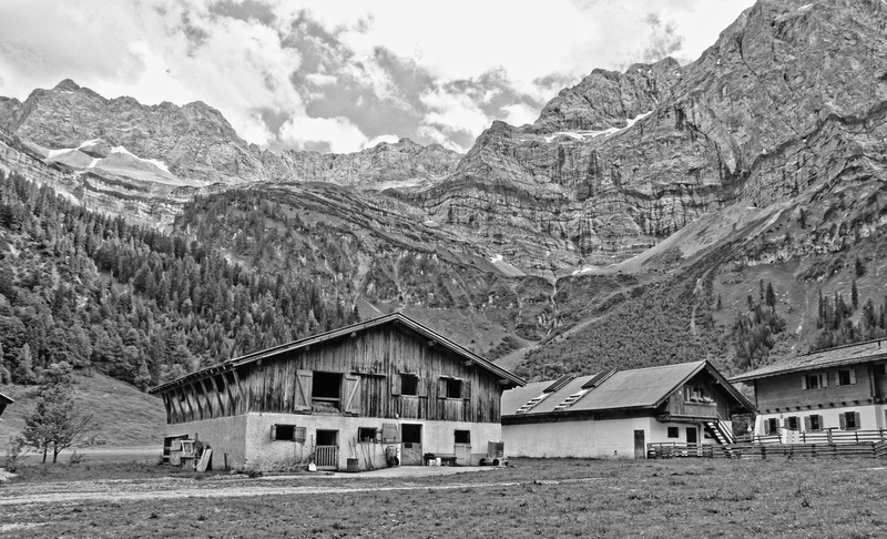 tranquility, travel, wood, panorama, mood, sky, engalm, rural, farm, grass, cottage, tranquil scene, building, formation, snowcapped mountain, environment