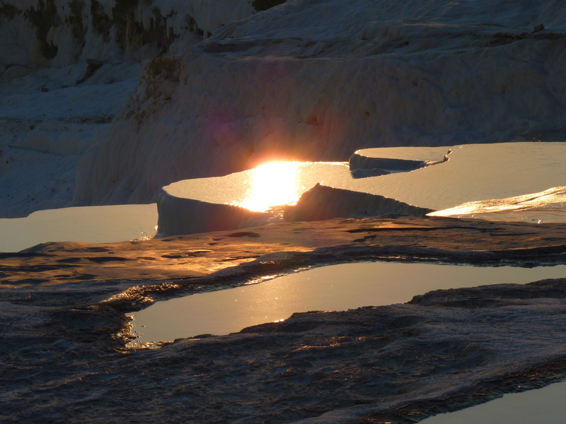water, sun, scenics, sunlight, travel Locations, sky, snow, scenics - nature, winter, land, lime sinter terrace, hour, calcium, tranquility, day, cold temperature