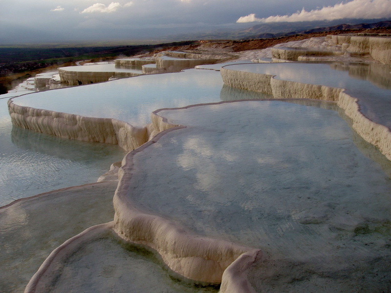 sky, 2K, water, landscape, non-urban scene, environment, mineral, no people, beauty in nature, pamukkale, lime sinter terrace, tranquility, thermal springs