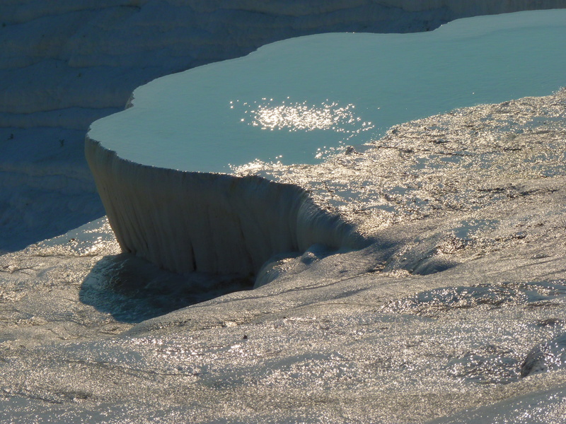 sunny, beach, solid, tranquility, sea, Pamukkale, lime sinter terrace, Terrace, rock - object, day, nature, limestone, land, water, thermal springs, shadow