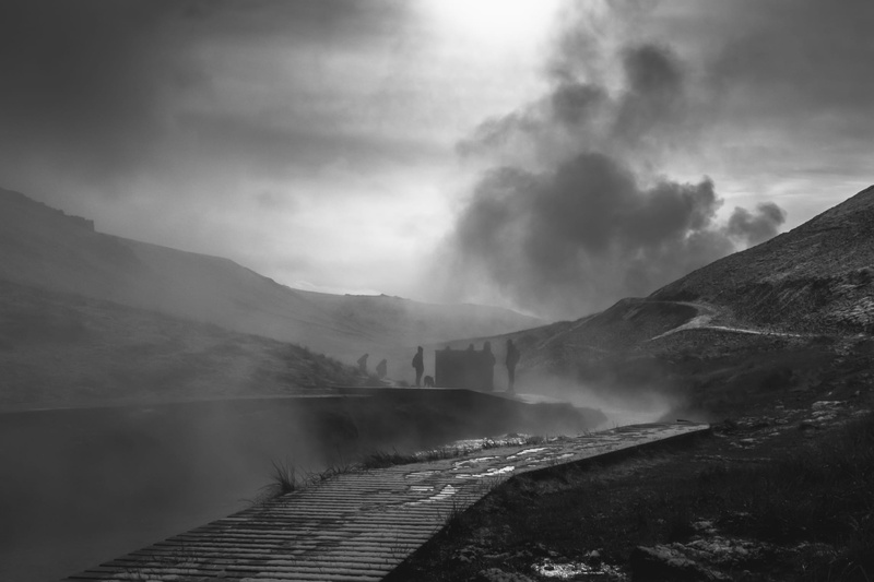 day, monochrome, nature, direction, cloud - sky, non-urban scene, tranquility, thermal, water, hot spring, black and white, reykjadalur hot spring thermal river