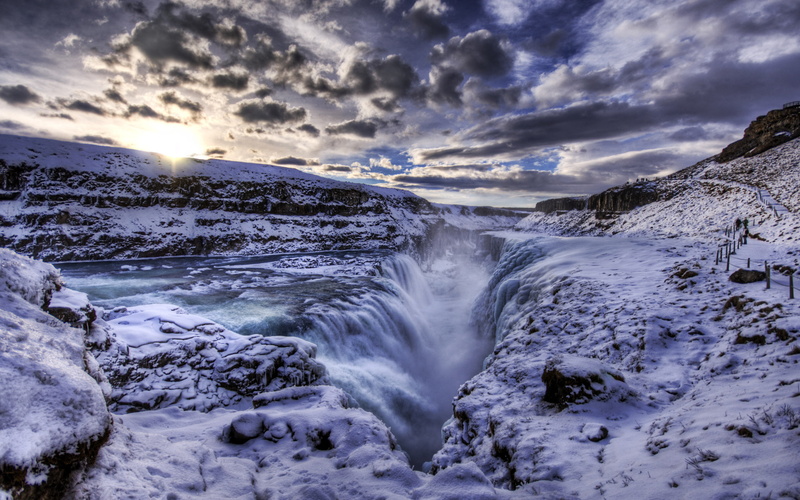  snow, cloud, skies, winter, white, sunrise, 2K, hd, iceland, blanket, crevice, waterfall