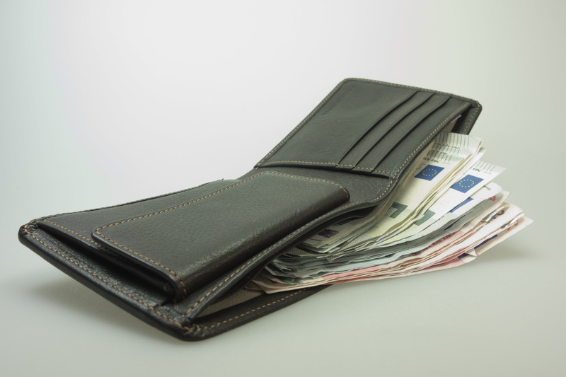 gray, luxury, personal accessory, leather goods, man purse, colored background, cut out, euro, paper currency, bifold, indoors, leather, dirty money, banknotes