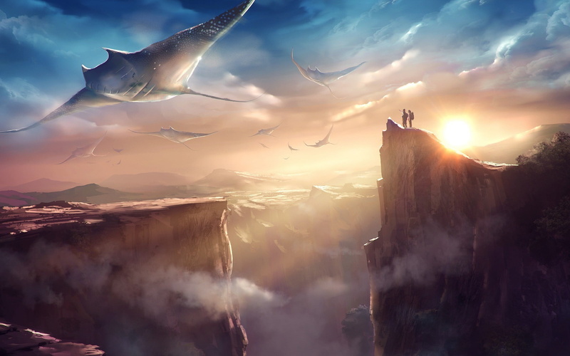 flying, two, animal themes, mountains, low angle view, 2K, digital composite, sunbeam, animals in the wild, outdoors, nature, animal wildlife, brown, marine