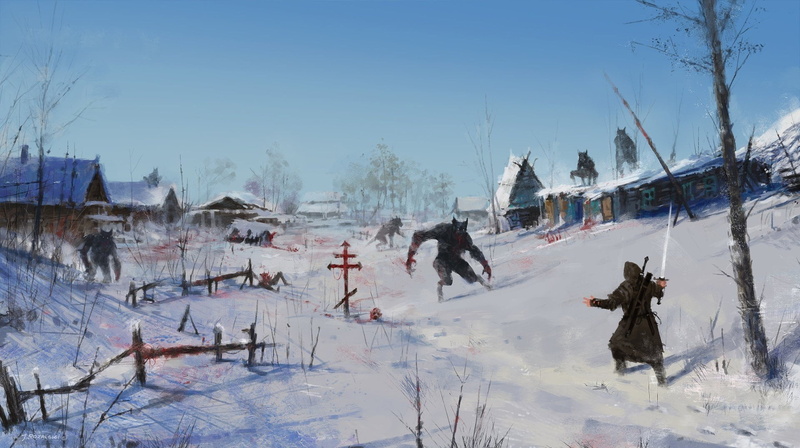 Village, field, Dark, Sword, Werewolf, warm clothing, architecture, white color, sky, Snow, frozen, covering, Blood, building exterior, 1080P, nature