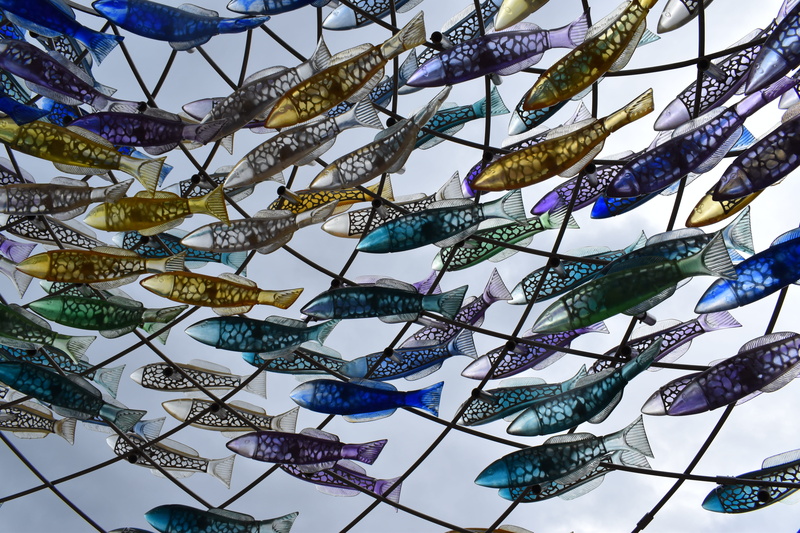 decors, pisce, ornate, art and craft, creativity, fishes, abundance, sculpture, closeup, nature, flying fish, low angle view, outdoors, texture, multi colored
