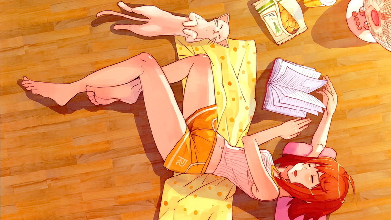 cat, anime girls, original characters, 1080P, sleeping, anime, redhead