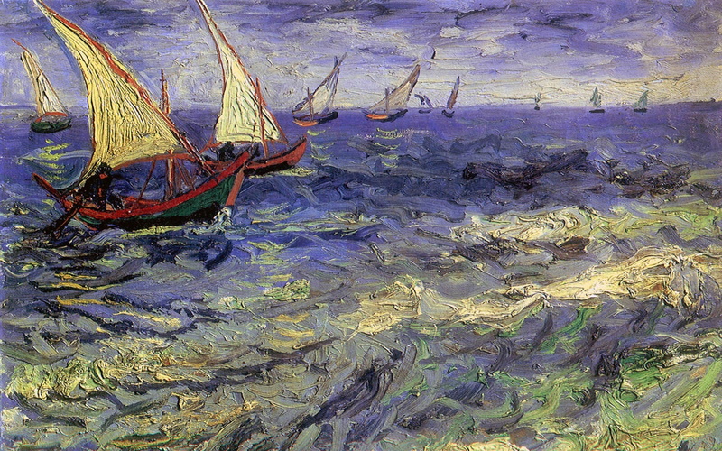 old, high angle view, mode of transportation, sunlight, boat, waterfront, moored, day, water, 1080P, Vincent Van Gogh, white, landscape, reflection, outdoors