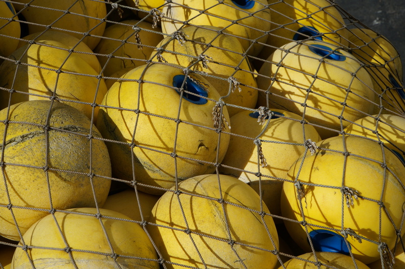 stack, metal, float, fishing, group of animals, net, ocean, day, variation, large group of objects, yellow, industry, fish, fisher, fishing industry, no people