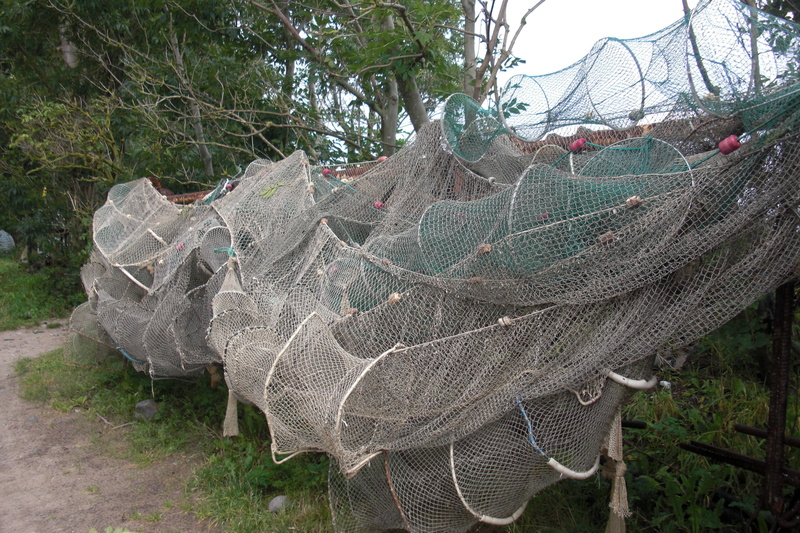 day, outdoors, fish traps, landscape, commercial fishing net, fishing net, hanging, pattern, green color, no people, 2K, fishing industry, netting, rope