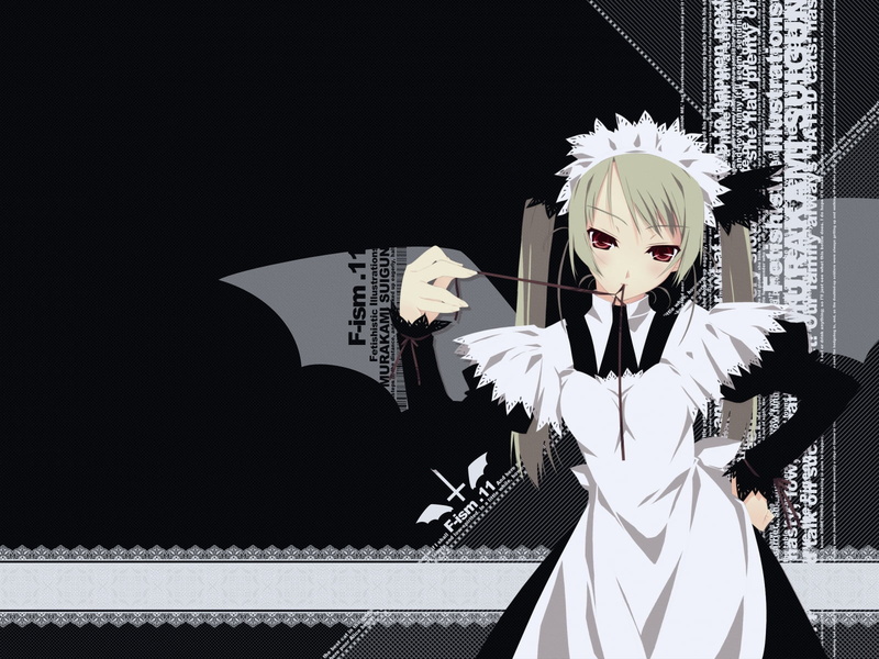 maid, three quarter length, costume, haired, standing, beautiful woman, young women, looking away, leisure activity, stage, gray, anime, girl, 720P, indoors