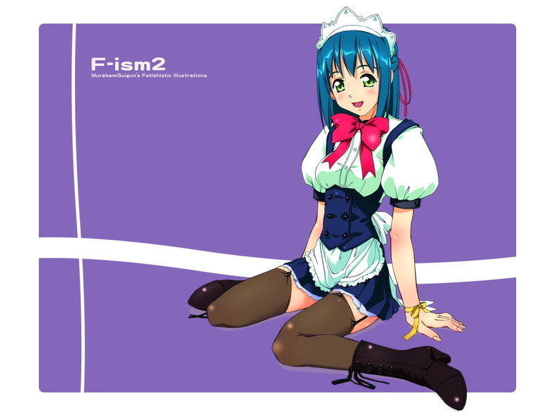 full length, studio shot, illustration, f-ism, young women, shorts, clothing, maid, front view, blue, portrait, beautiful woman, casual clothing, murakami suigun