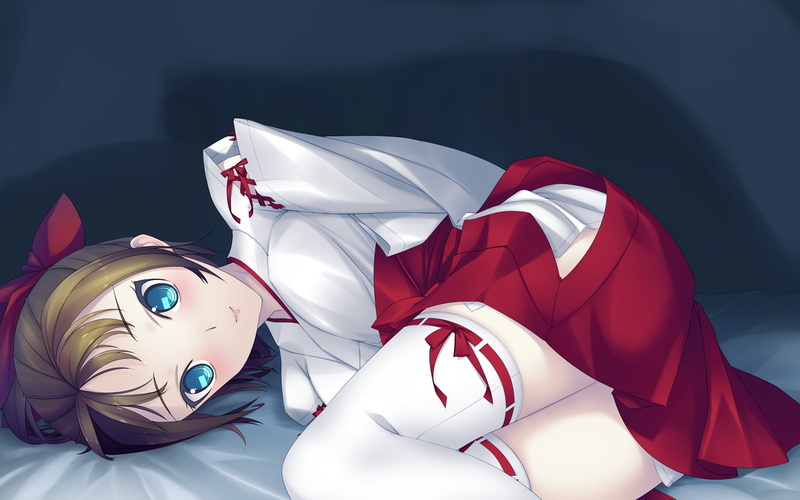 suigun, original, blue, japanese, eyes, hair, murakami, skirt, 720P, brown, clothes, miko, short, thighhighs