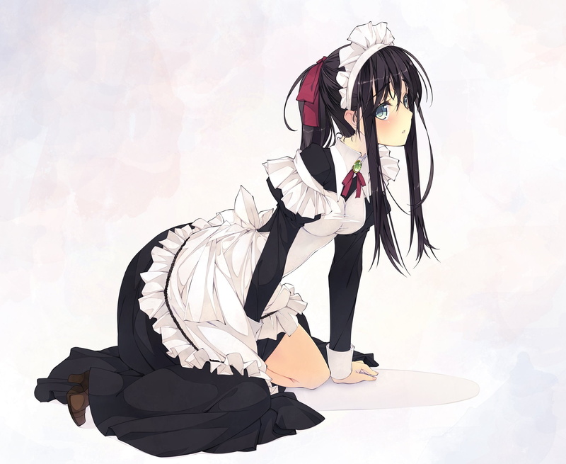 f ism, hair, dress, original, suigun, maid, apron, murakami, headdress, long, blue, ponytail, blush, black, green, eyes, 1080P, ribbons