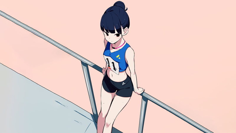 bike shorts, digital art, FAMY, Gym Wear, bare midriff, tracksuit, railing, sweating, necklace, dark hair, 4K, running, dark eyes, anime, thighs, sweat