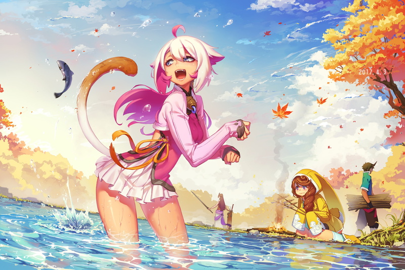 clouds, sword, animal, 245477, group, catgirl, eyes, weapon, water, male, tail, purple, long, com, ears, hair, braids, konachan, sky, autumn, leaves, fish
