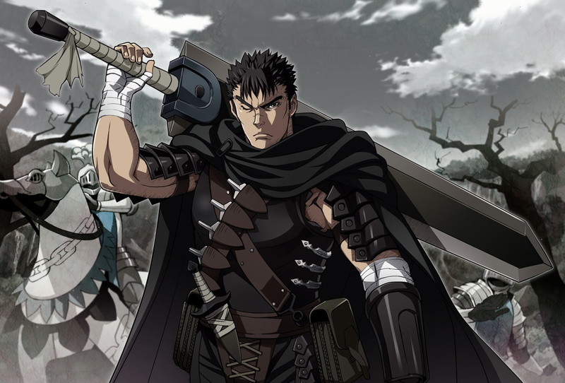 berserk, black, bandage, nyoronyoro, wink, cape, armor, sword, hair, short, tree, sky, 242147, clouds, 720P, horse, weapon, guts, animal, male, all, eyes