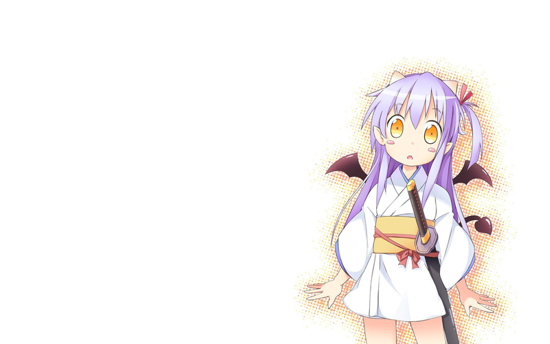 hair, 1080P, japanese, white, yellow, swords, katana, eyes, purple, sengoku, wings, girls, background, long, simple, anime, tsukahara, horns, weapons