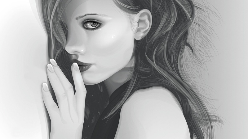 hair, black, artwork, 1080P, portrait, white, Kate Beckinsale, monochrome