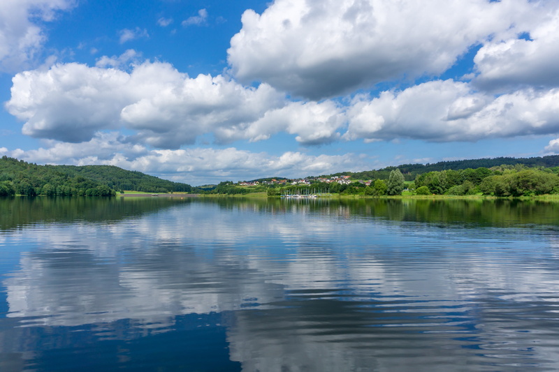 cloud - sky, blue, sky, no people, boot, trees, view, landscape, mountain, water landscape, holiday, reflections, blautöne, plant, reflection, summer, beauty in nature