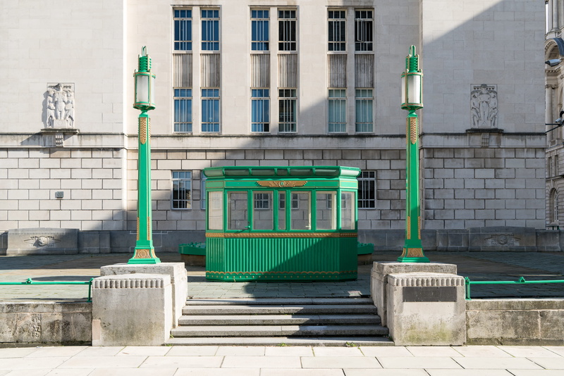 entrance, artdeco, building exterior, outdoors, united kingdom, green color, building, architecture, geometric, communication, merseytravel, sidewalk, window