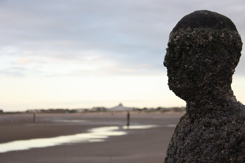 sea, statue, cloud - sky, sky, tranquility, day, focus on foreground, one person, side view, art and craft, 4K, land, costa, outdoors, incidental people
