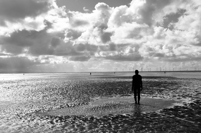 leisure activity, rear view, mersey, gormley, beach, sculpture, seashore, anthony, beauty in nature, lifestyles, 4K, land, horizon, shore, cloud - sky