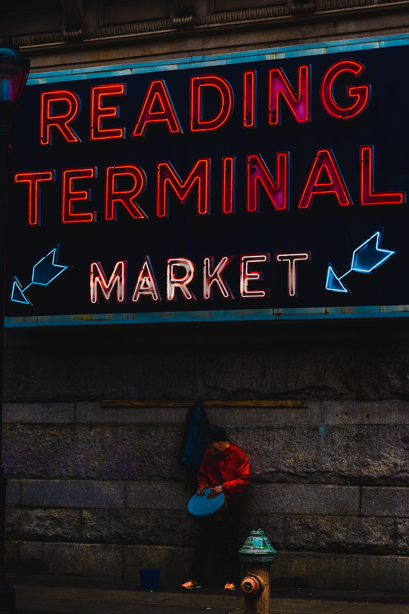 fire hydrant, terminal, travel, wall, reading terminal market, neon Light, white, night, gritty, urban Scene, illuminated, street, reading, signage, market