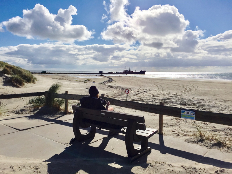 ameland, beauty in nature, sunlight, scenics - nature, men, lifestyles, landscape, one person, day, weather, nature, sea, outdoors, sky, clouds, bench