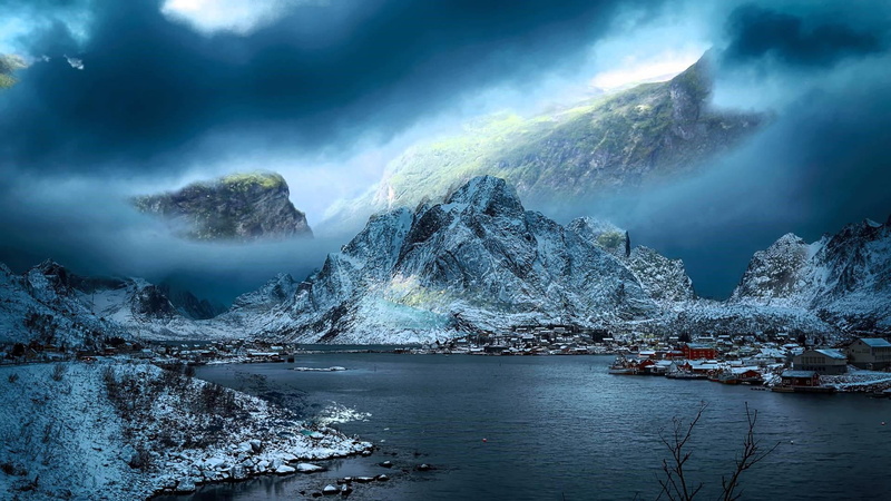 clouds, 1080P, norwegian, blue, snow, geirangerfjord, norway, village, mountains, fjords, winter, fjord, scenery, misty, landscape, europe