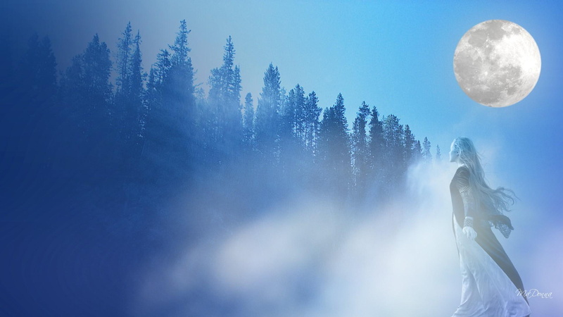 woman, mist, trees, full moon, foggy, blue, misty, forest, 3d and abstract, 1080P, woods, lady