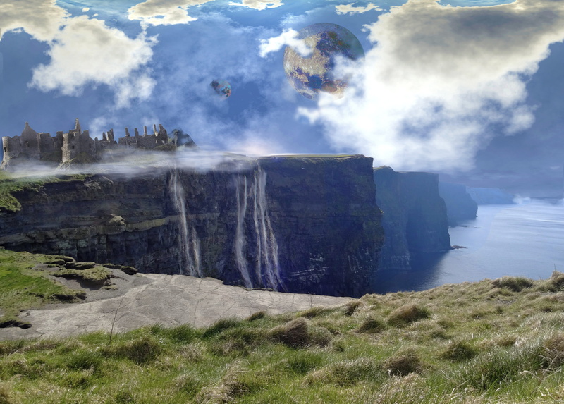 cloud - sky, plant, castle, waterfall, water, rock, landscape, cloudy, cliffs, environment, grass, falls, outdoors, mountain, sky, fantasy landscape, tranquil scene
