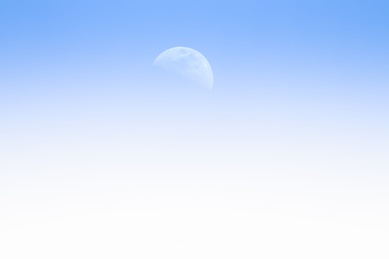 misty, half moon, gradient, distance, white, heavens, fantasy, day, atmosphere, outdoors, tranquility, low angle view, idyllic, scenics - nature, light