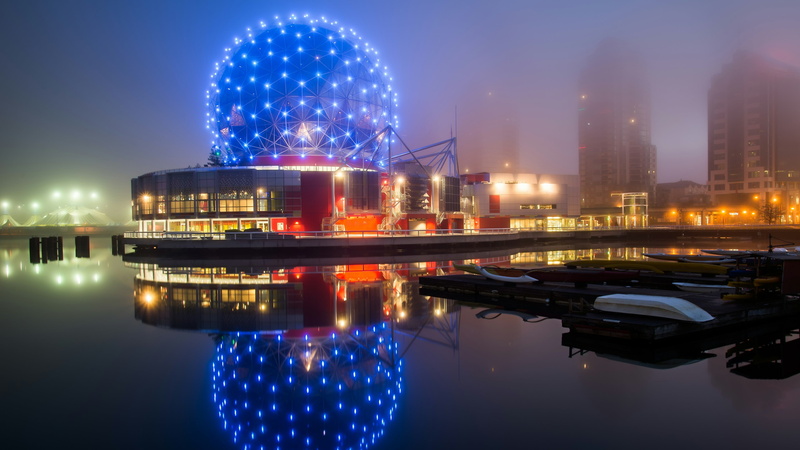 nautical vessel, ferris wheel, city, amusement park ride, modern, waterfront, landmark, building exterior, water, no people, british columbia, skyscraper