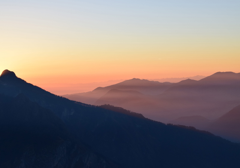 copy space, non-urban scene, sky, mountains, sunset, misty, environment, golden, outdoors, fog, dusk, sunrise - Dawn, dawn, blue, silhouette, mountain Range
