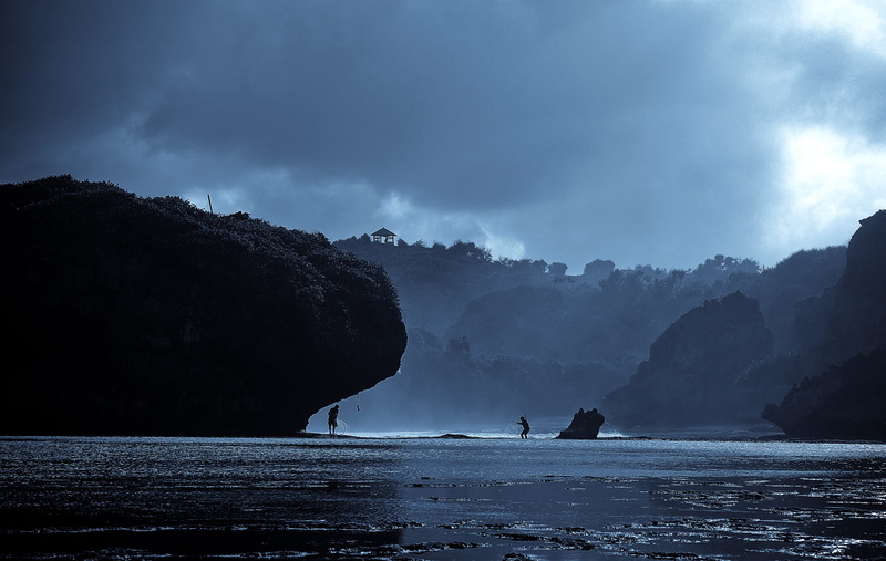 blue, rocks, indonesia, tranquility, water, nature, outdoors, kukup beach, outdoor, tranquil scene, landscape, work, fisherman, scenics - nature, cloud