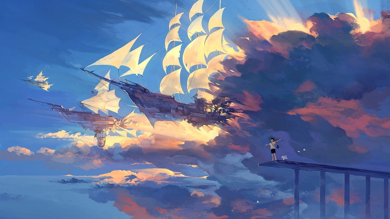 sky, hanyijie, anime, scenery, art, 1080P, ship