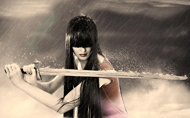 long, black, sword, artwork, warrior, abstract, 1080P, woman, 3d and abstract, digital, holding, haired, beautiful