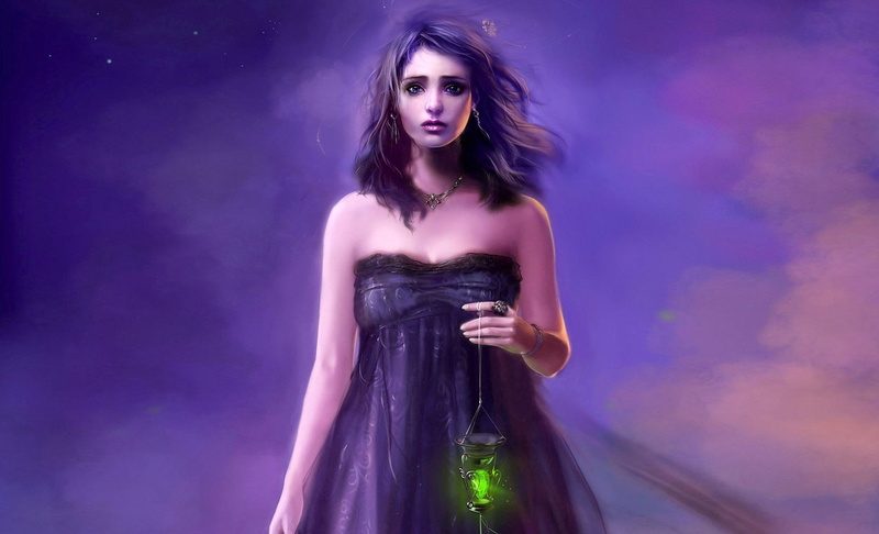 fantasy girl, woman, purple hair, holding, beauty, 3d and abstract, green, green light, light, lantern, painting, 1080P