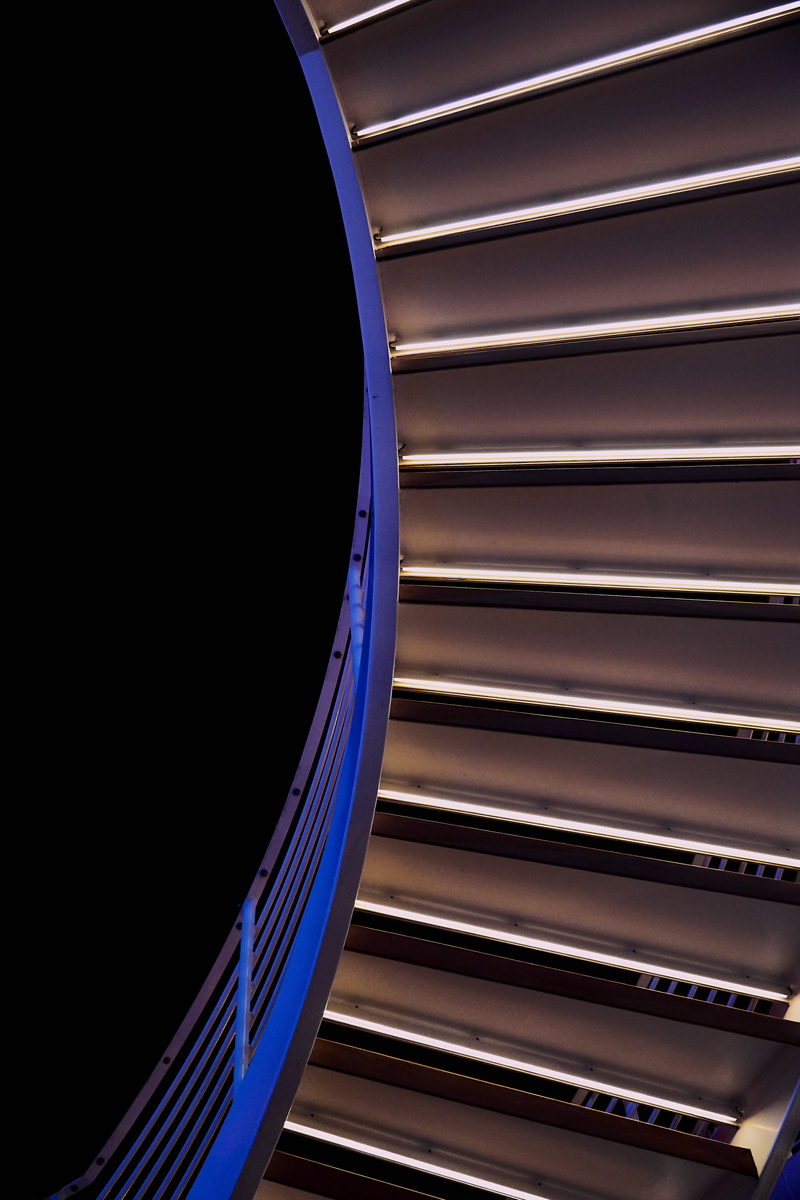 railing, metal, lines, illuminated, minimal, blue, day, pattern, cabinet, vertical, sunset, curtain, architecture, tool, handrail, built structure, close-up