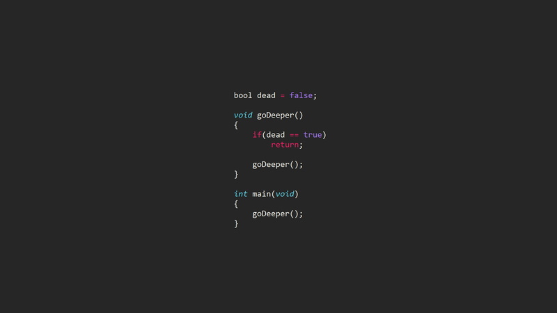 black background, 1080P, close-up, code computer syntax highlighting inception programming programming language c programming language, studio shot, western script