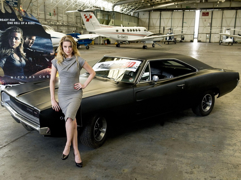 Girls, actress, girl, helicopters, poster, black car, hangar aircraft, Amber Heard, aircraft, 1080P