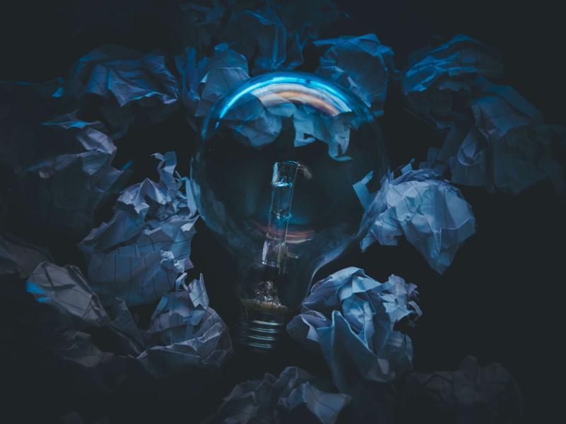 illuminated, men, unrecognizable person, young men, night, 4K, crumpled paper, mid adult men, front view, bulb, one person, innovation, real people, papers