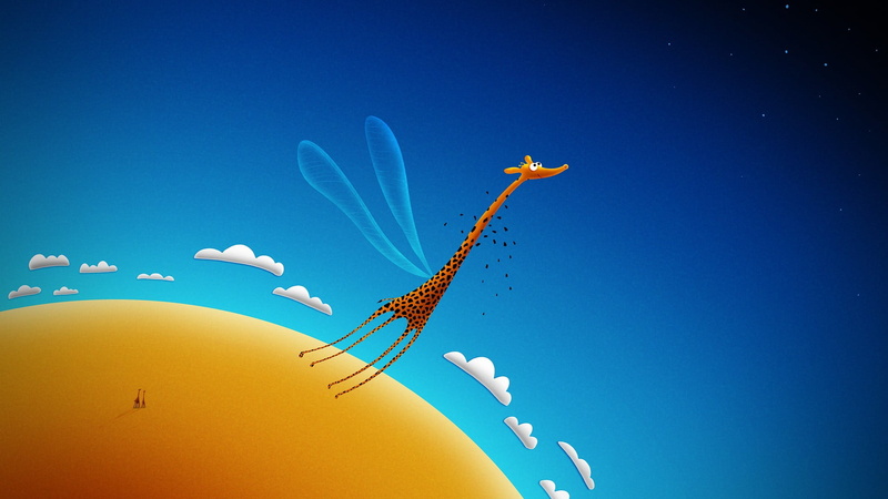 copy space, low angle view, giraffes, white, beauty in nature, close-up, sunlight, blue background, humor, nature, clear sky, artwork, growth, plant, colored background