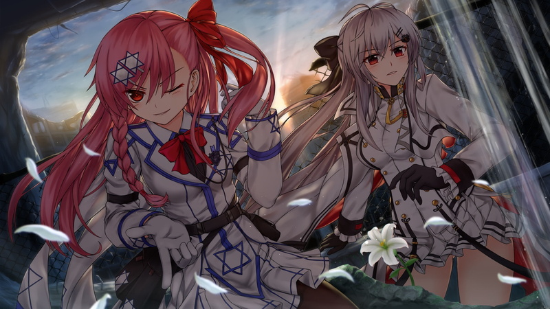 com, 2girls, frontline, uniform, konachan, red, flowers, eyes, zero, braids, sky, bow, pink, 262284, clouds, chien, girls, skirt, wink, hair, 1080P, gloves