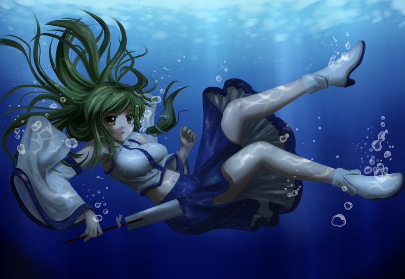 chien, underwater, girl, sanae, kochiya, touhou, 1080P, art, bubbles